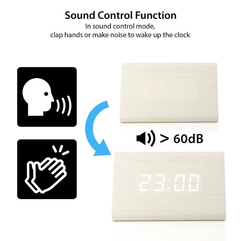 GEARONIC Digital Alarm Clock Wooden Alarm Clock Wood Modern Triangle Alarm Digital Desk Clock, Displays Time Date Temperature Calendar Wood Made Electric Clocks for Bedroom, Bedside - White - Image 2